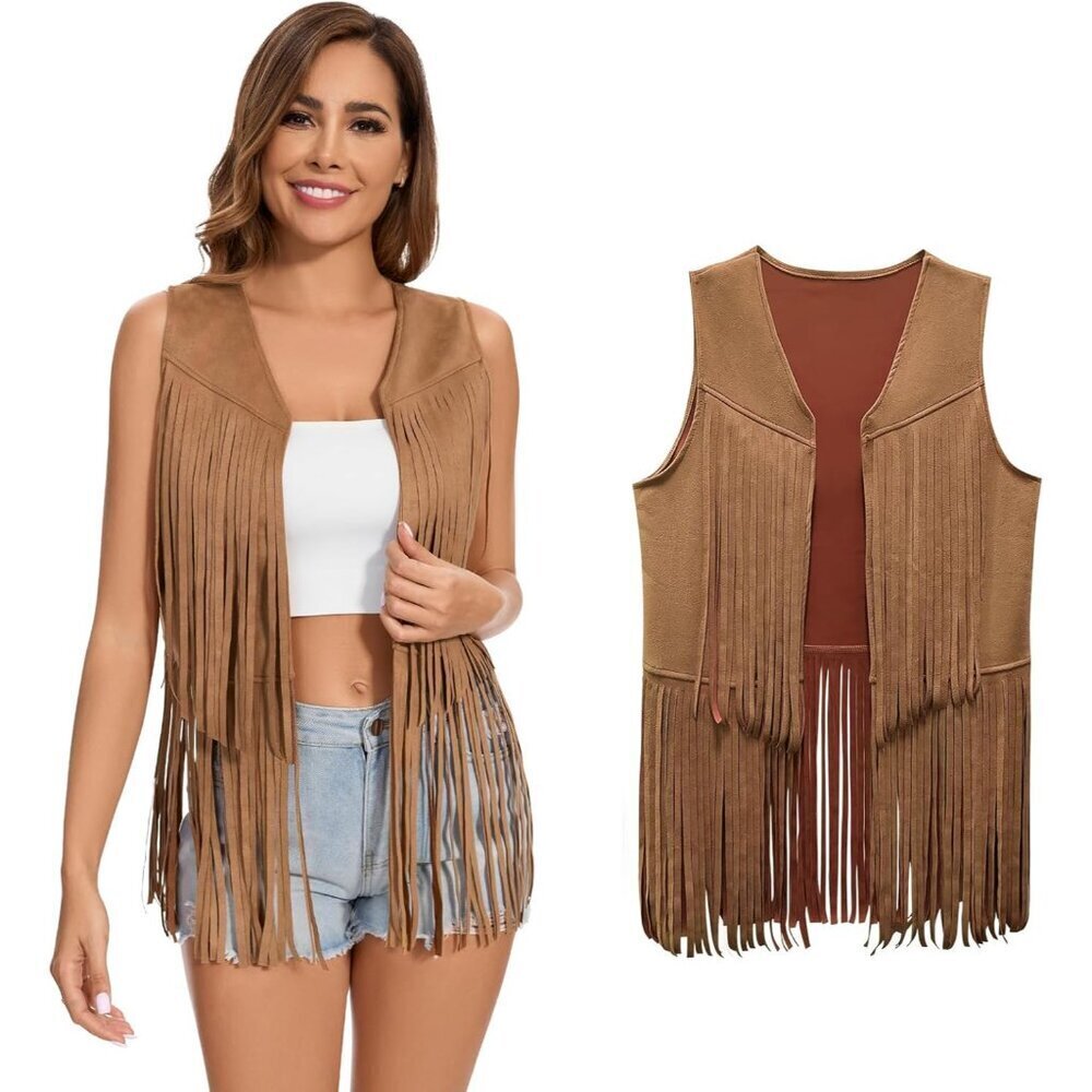 Women's Fringe Vest Faux Suede Small Hippie Cowgirl Western Costume